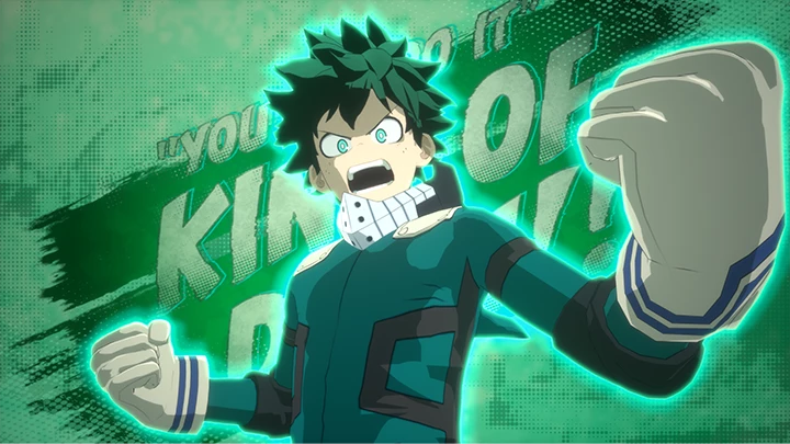 Izuku Midoriya in a teal hero costume with a tall white collar and armored gloves, one fist raised.