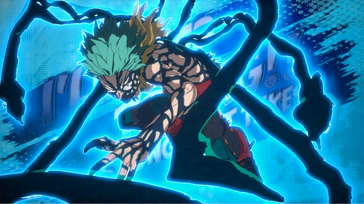 Izuku Midoriya Overlay Full Style crouches inside black tendrils, with dark lines across his skin and a cyan aura.
