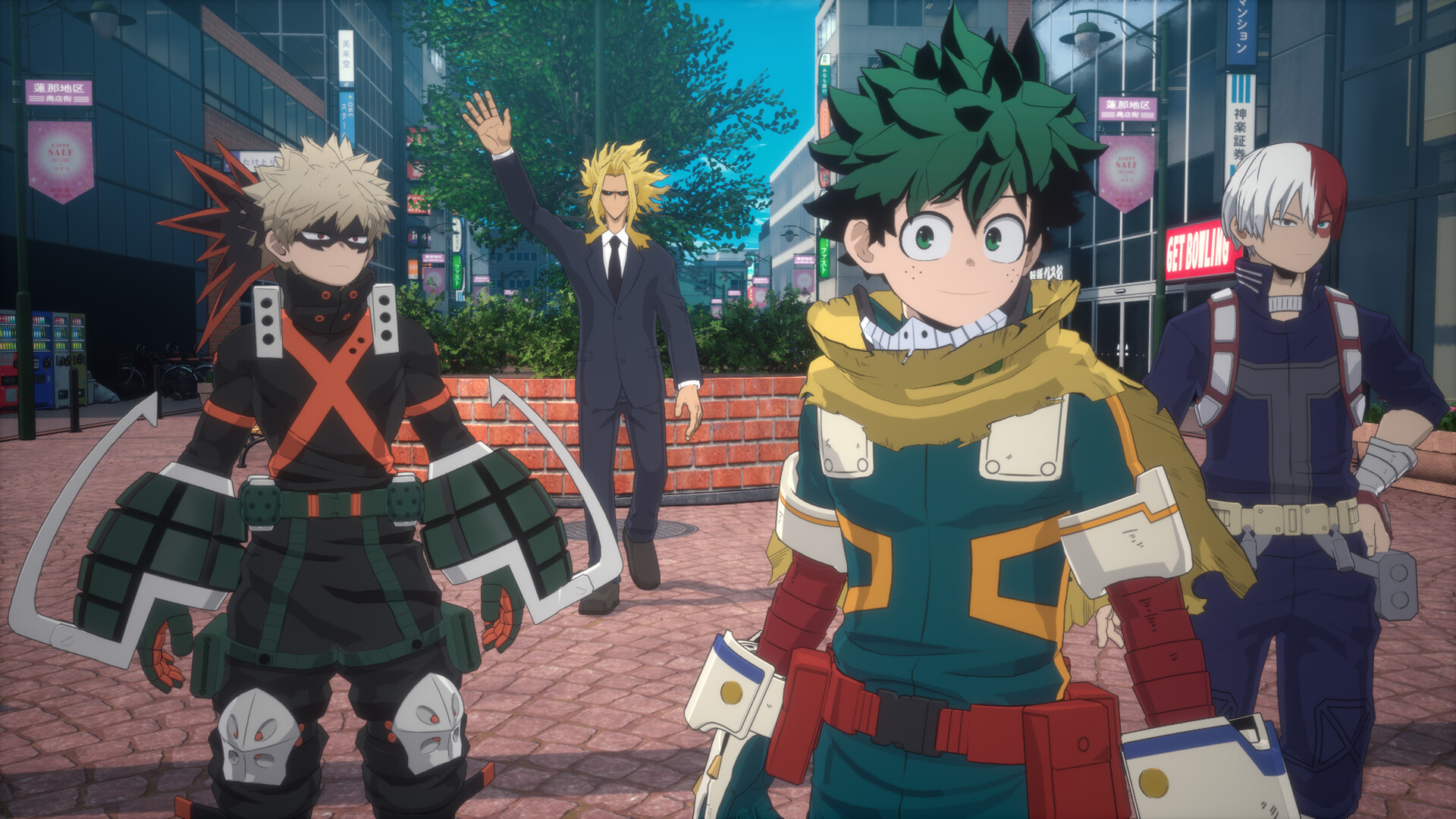 Steam store screenshot of a city street with Deku in a yellow scarf, Katsuki Bakugo in a black costume, Shoto Todoroki, and All Might in a dark suit waving.