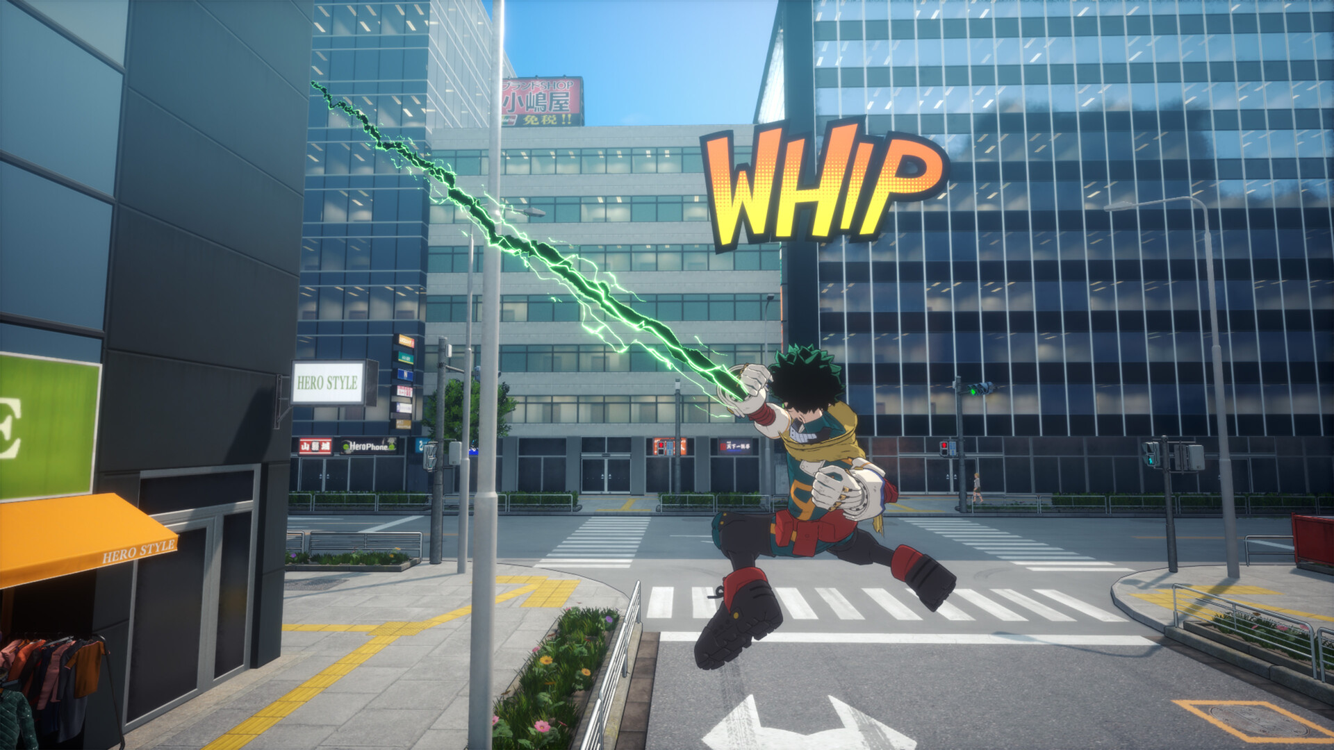 Steam store screenshot of Deku in a yellow scarf swinging on a green energy line above a city crosswalk, with a large sign reading WHIP.